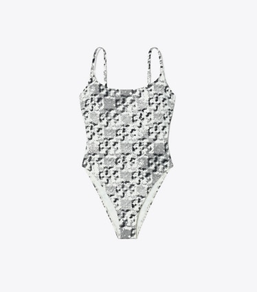 Tory Burch designer one pieces Gemini Link Swimsuit in New Ivory Distressed Pixelated Logo front