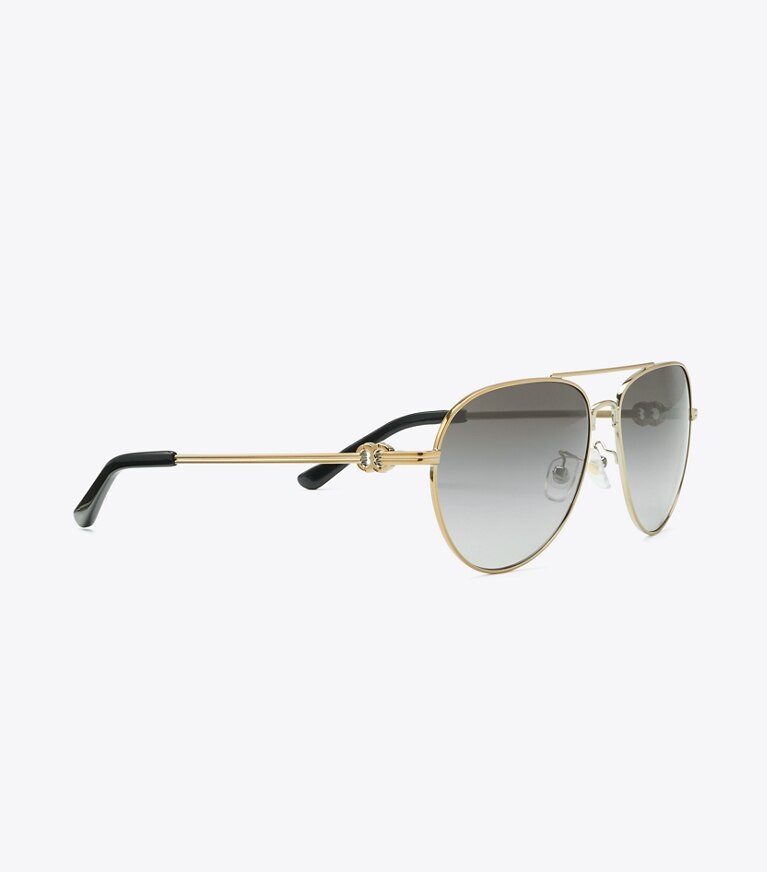 Tory Burch designer sunglasses & eyewear Gemini Pilot in SHINY GOLD/GREY GRADIENT front
