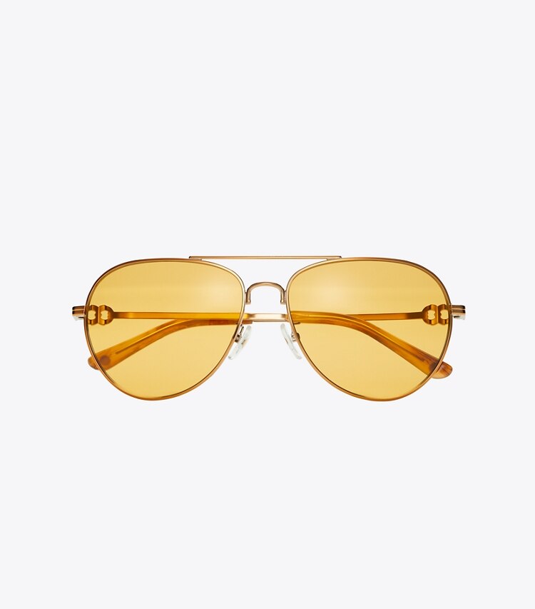 Tory Burch designer sunglasses & eyewear Gemini Pilot in SHINY COPPER/SOLID AMBER overhead