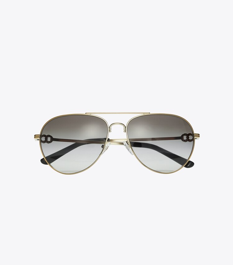 Tory Burch designer sunglasses & eyewear Gemini Pilot in SHINY GOLD/GREY GRADIENT overhead