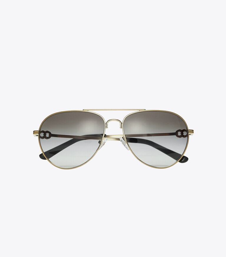 Tory Burch designer sunglasses & eyewear Gemini Pilot in SHINY GOLD/GREY GRADIENT front