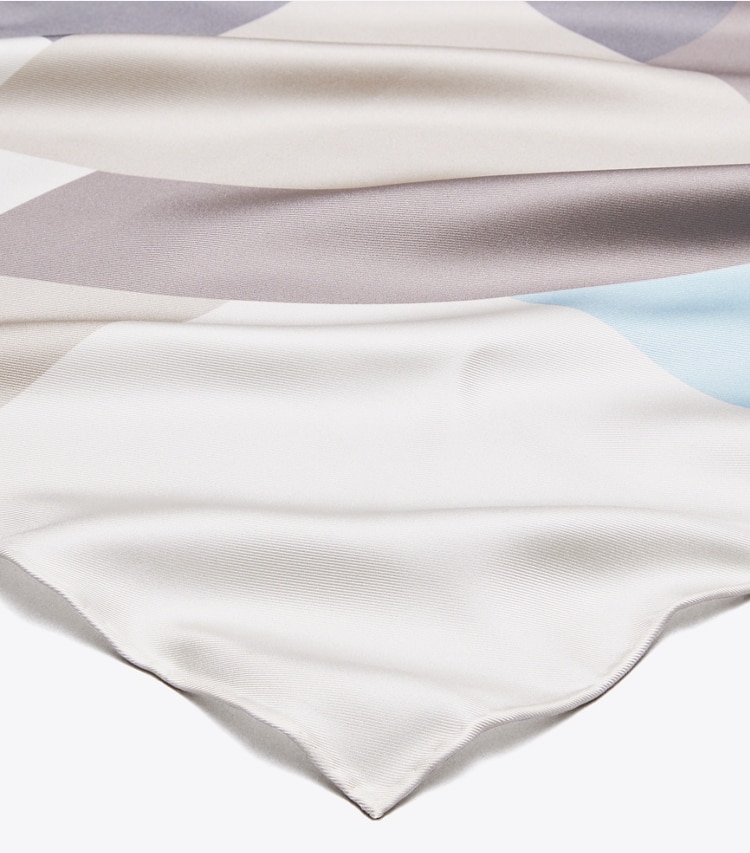 Tory Burch designer scarves Geo Color Block Silk Square Scarf in Geo Color Block Silk Square Frozen Sky detail