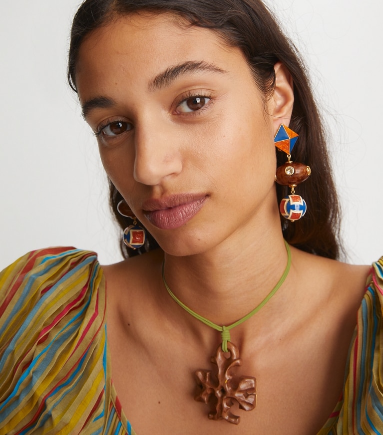 Tory Burch designer earrings Geo Double-Drop Earring in Rolled Gold / Multi front