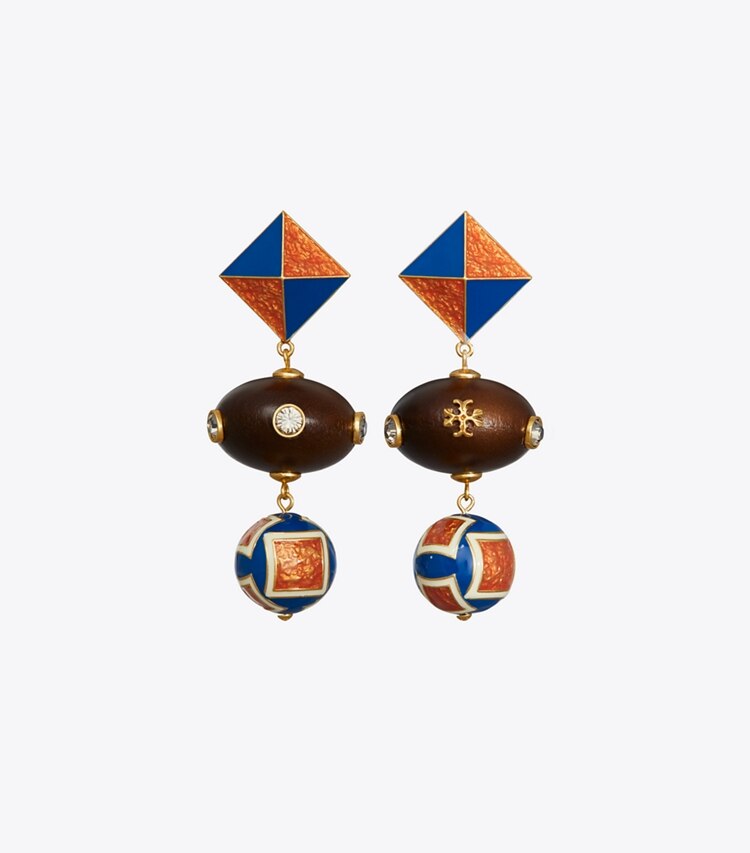 Tory Burch designer earrings Geo Double-Drop Earring in Rolled Gold / Multi front