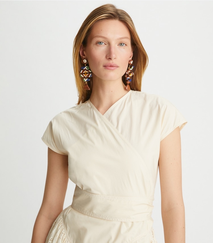 Tory Burch designer earrings Geo Fish Earring in Rolled Gold / Multi accessory on model