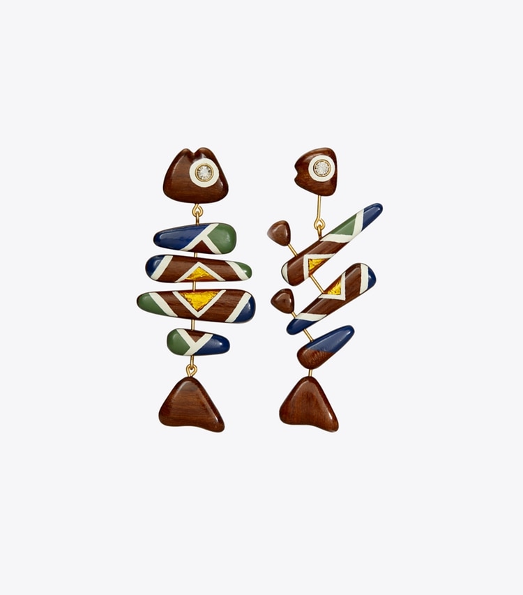 Tory Burch designer earrings Geo Fish Earring in Rolled Gold / Multi front