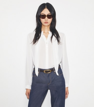 Tory Burch designer tops Georgette Bow Blouse in Marshmallow on model detail