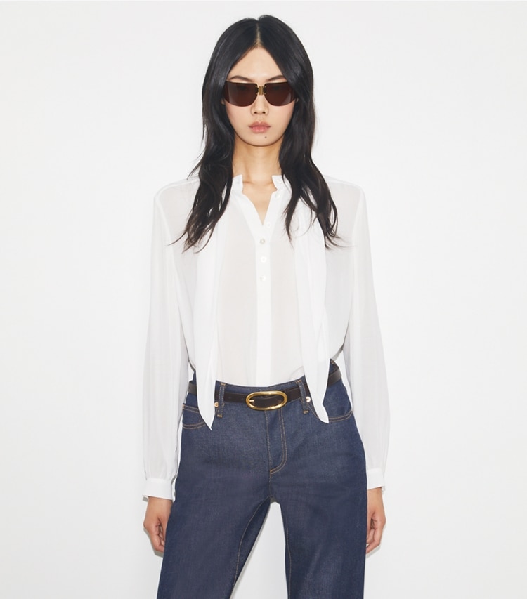Tory Burch designer tops Georgette Bow Blouse in Marshmallow on model detail