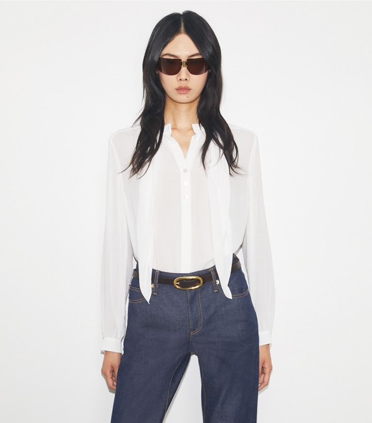 Tory Burch designer tops Georgette Bow Blouse in Marshmallow front