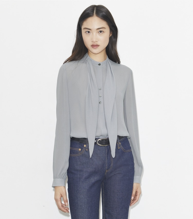 Tory Burch designer tops Georgette Bow Blouse in Gray Lavender on model detail
