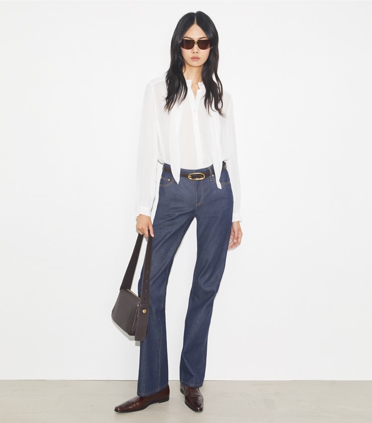 Tory Burch designer tops Georgette Bow Blouse in Marshmallow on model front
