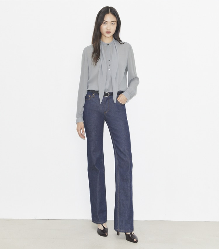 Tory Burch designer tops Georgette Bow Blouse in Gray Lavender on model front