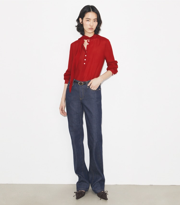 Tory Burch designer トップス ジョーゼット ボウブラウス in Toucan Red モデル前面