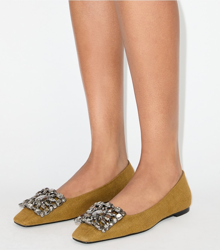 Tory Burch designer flats Georgia Crystal Ballet in GOLDEN OCHRE accessory on model
