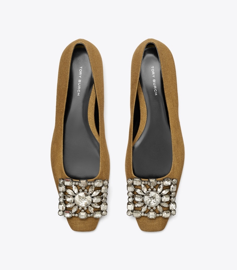 Tory Burch designer flats Georgia Crystal Ballet in GOLDEN OCHRE overhead