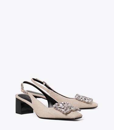 Tory Burch designer heels Georgia Crystal Slingback in DESERT TAUPE angle