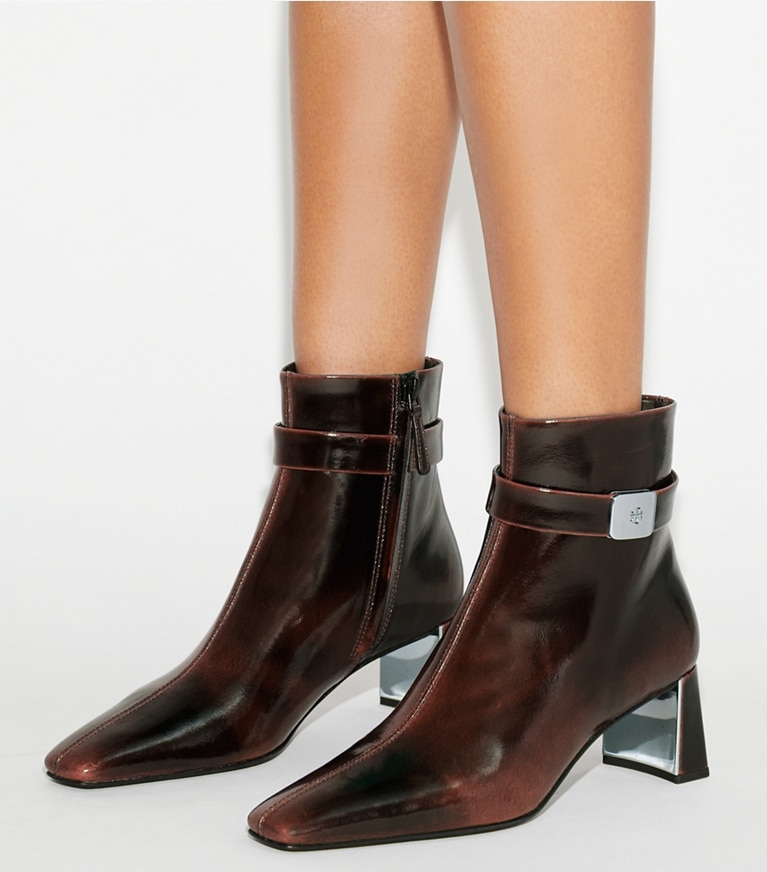 Tory Burch designer ankle boots Georgia Heeled Ankle Boot in AGED BARK accessory on model