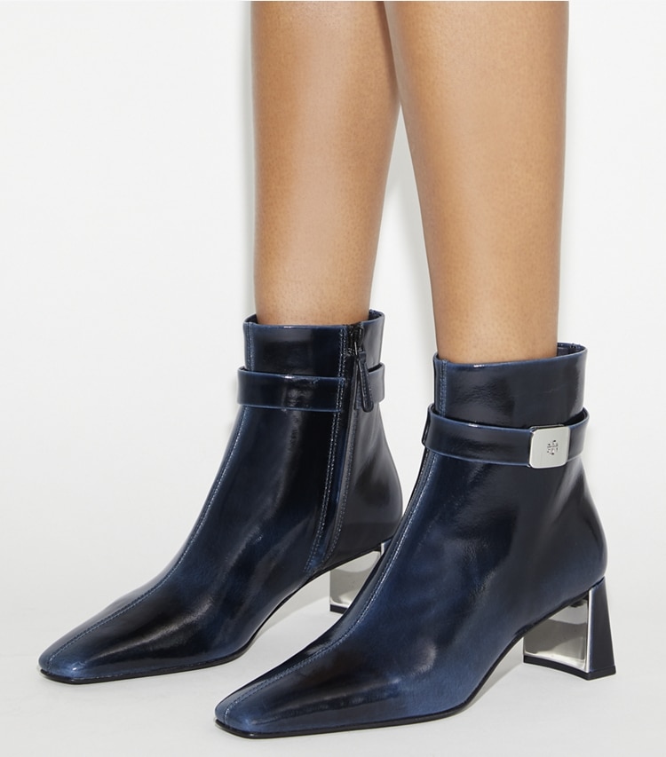Tory Burch designer ankle boots Georgia Heeled Ankle Boot in AGED NAVY accessory on model