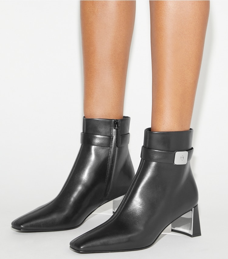 Tory Burch designer ankle boots Georgia Heeled Ankle Boot in PERFECT BLACK accessory on model