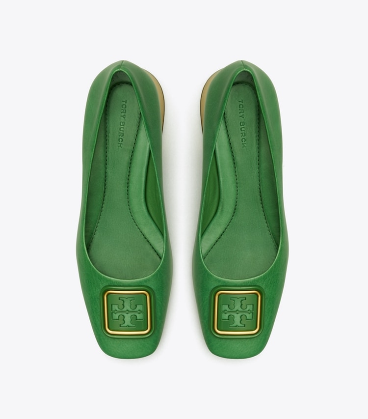 Tory Burch designer heels Georgia Pump in SHRUB / GOLD overhead