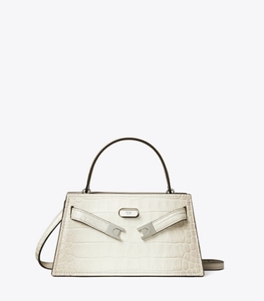 Tory Burch designer crossbody bags Geprägte Mini Lee Radziwill Degradé-Tasche mit Tragegriff oben in Ivory Degrade front