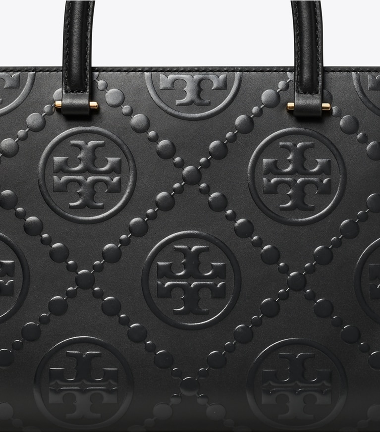 Tory Burch designer tote bags Geprägte Tote Bag mit T-Monogramm und Tragegriff oben in Black angle