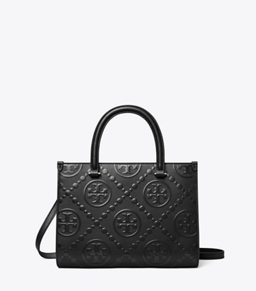 Tory Burch designer tote bags Geprägte Tote Bag mit T-Monogramm und Tragegriff oben in Black front