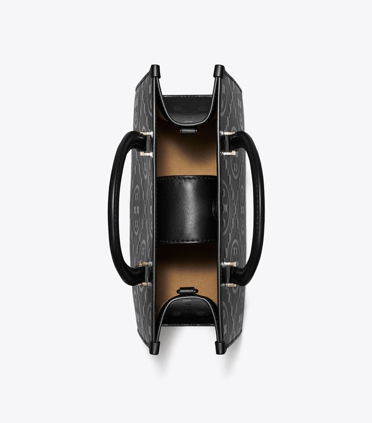 Tory Burch designer tote bags Geprägte Tote Bag mit T-Monogramm und Tragegriff oben in Black angle