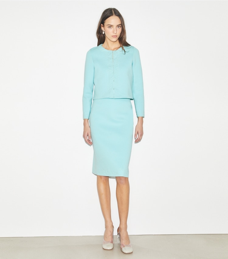 Tory Burch designer strickware Geprägter Kendra Cardigan in Atoll Blue modell von vorn