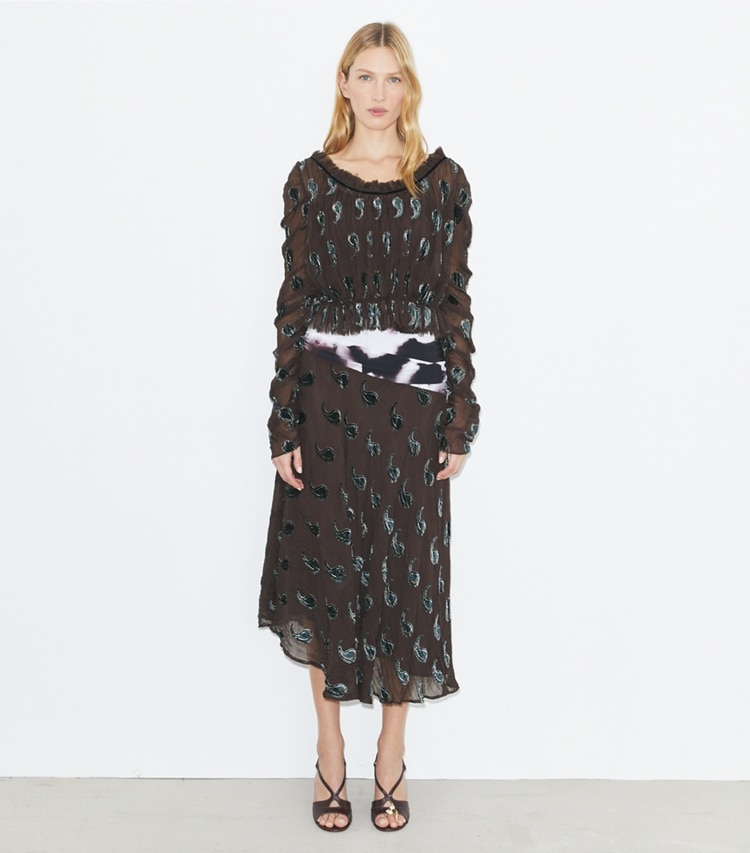 Tory Burch designer oberteile Gerüschtes Samttop in Brown Paisley modell von vorn