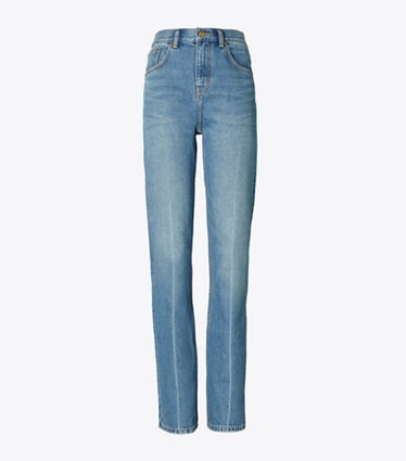 Tory Burch designer unterteile Gerade Jeans mit mittelhohem Bund und schmalem Schnitt in Light Crease Wash front