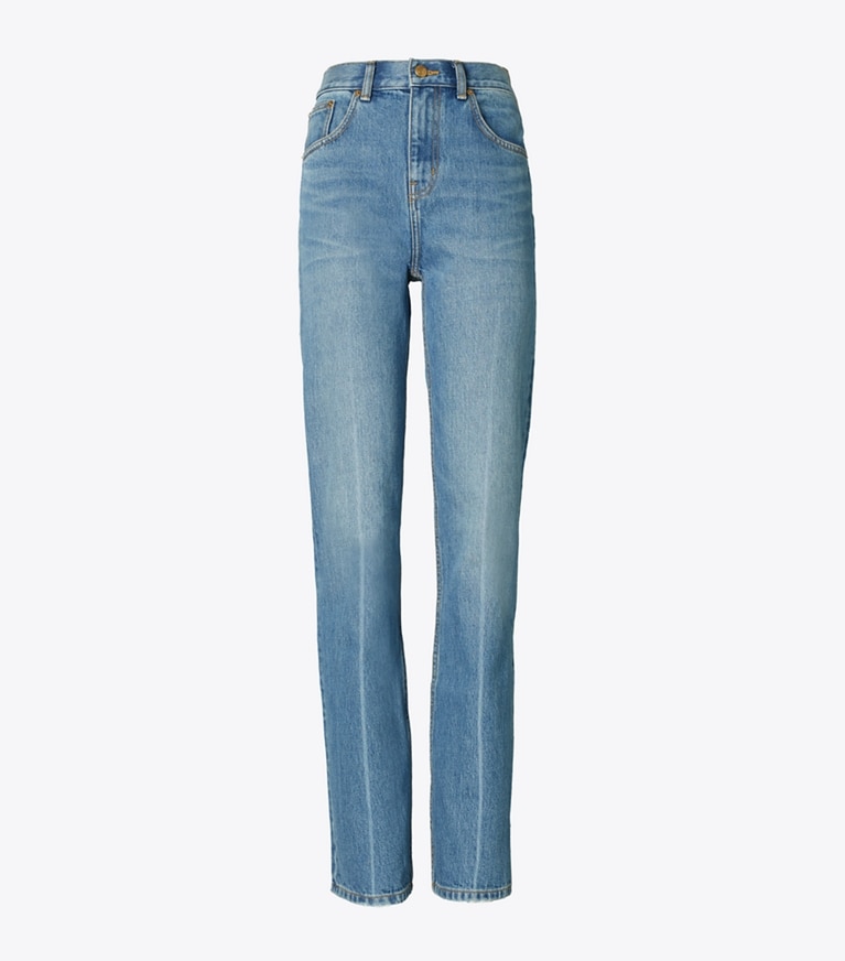 Tory Burch designer unterteile Gerade Jeans mit mittelhohem Bund und schmalem Schnitt in Light Crease Wash front