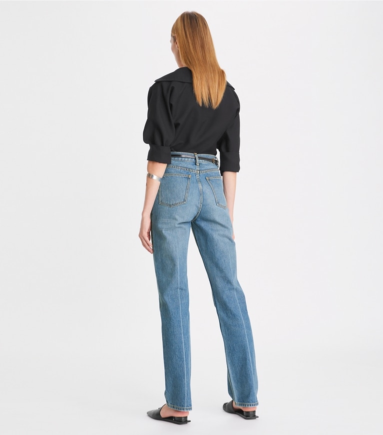 Tory Burch designer unterteile Gerade Jeans mit mittelhohem Bund und schmalem Schnitt in Light Crease Wash front