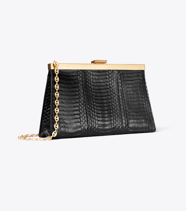Tory Burch designer clutches Gerahmte Gemini Link Clutch mit Schlangenhautmuster in BLACK angle