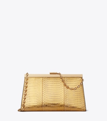 Tory Burch designer clutches Gerahmte Gemini Link Clutch mit Schlangenhautmuster in Gold front