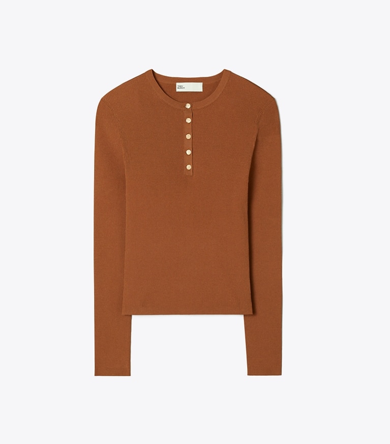 Tory Burch designer strickware Geripptes Henley-Top aus Viskose in Cinnamon front