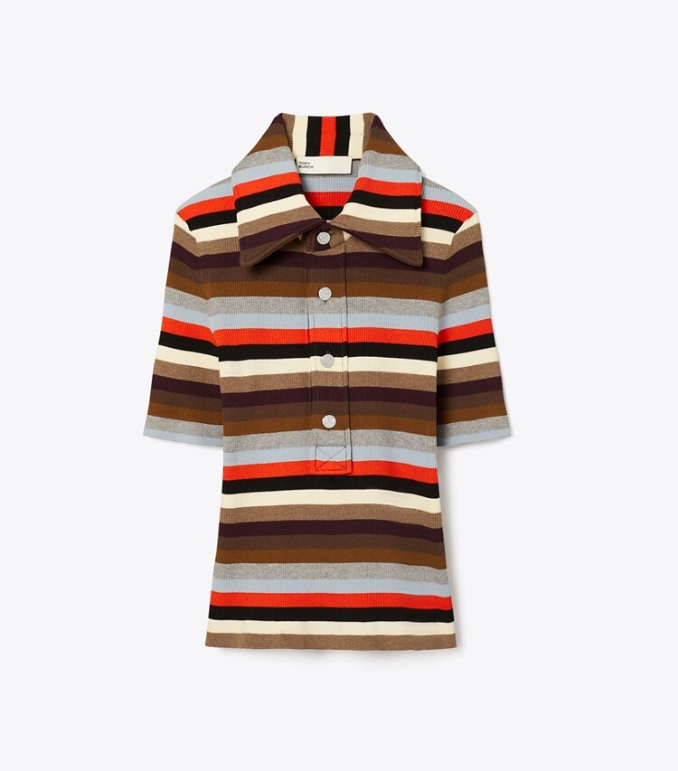 Tory Burch designer strickware Geripptes Poloshirt aus Viskose mit Streifen in Red Evening Stripe Small front