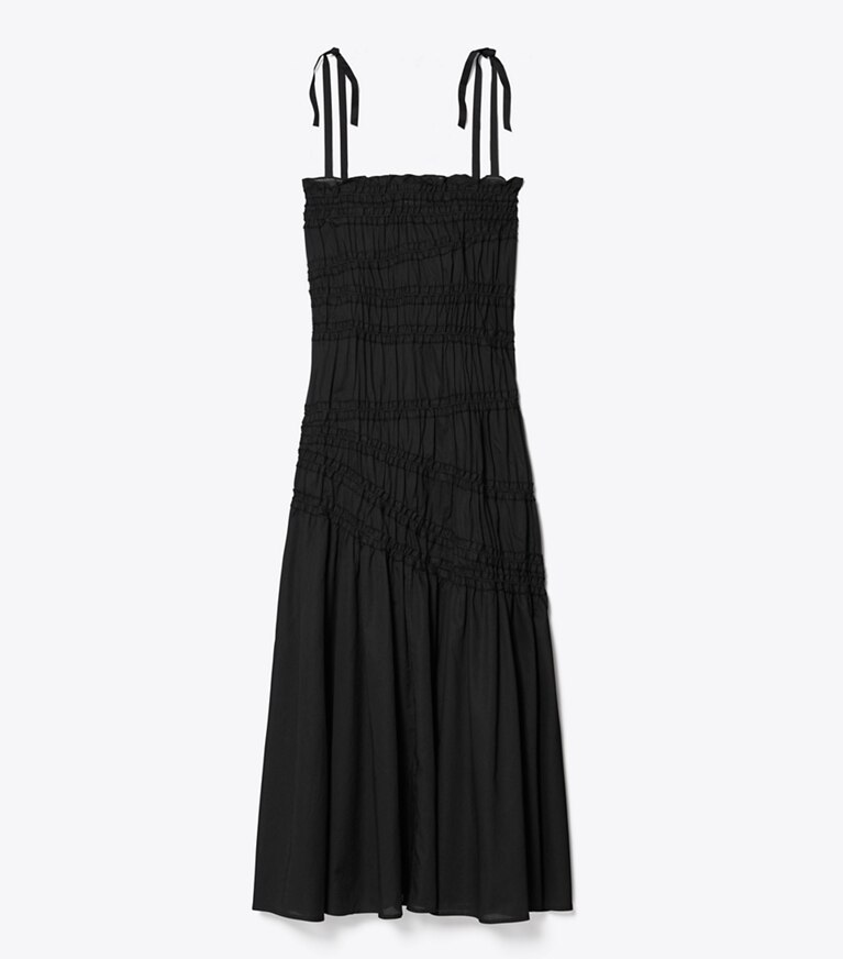 Tory Burch designer strandmode Gesmoktes Baumwollkleid mit gebundenen Trägern in Black front