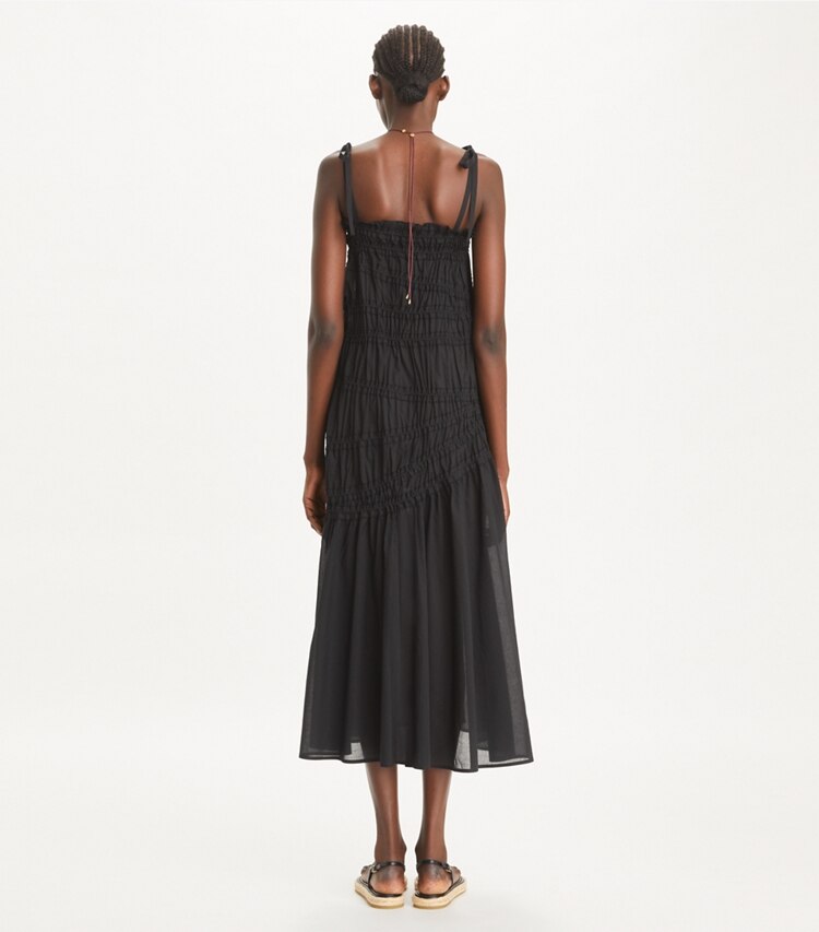 Tory Burch designer strandmode Gesmoktes Baumwollkleid mit gebundenen Trägern in Black on model back