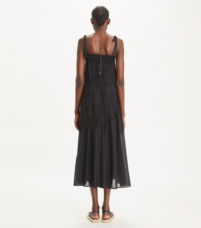 Tory Burch designer strandmode Gesmoktes Baumwollkleid mit gebundenen Trägern in Black front