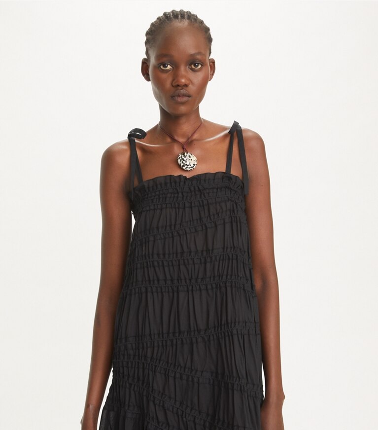 Tory Burch designer strandmode Gesmoktes Baumwollkleid mit gebundenen Trägern in Black front