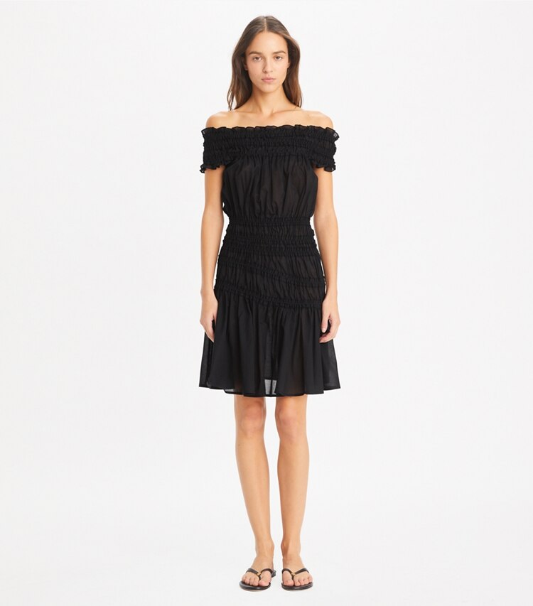 Tory Burch designer strandmode Gesmoktes Baumwollkleid in Black modell von vorn