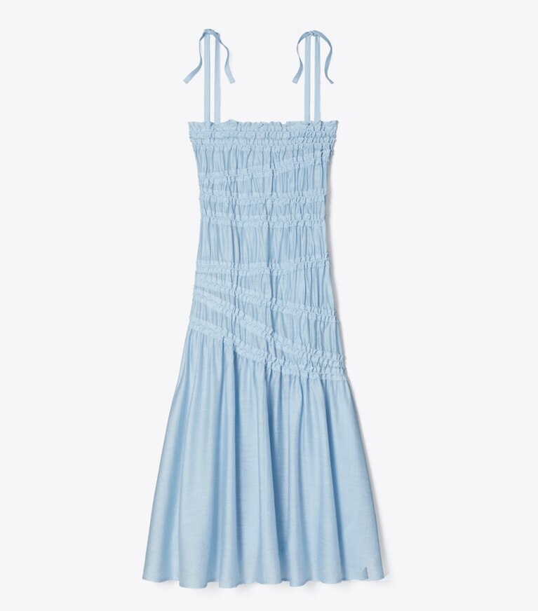 Tory Burch designer strandmode Gesmoktes Kleid aus Viskose mit gebundenen Trägern in Light Blue Sky front