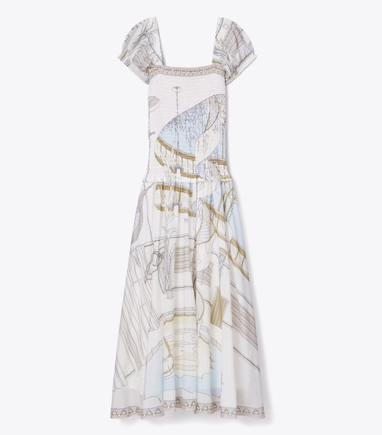 Tory Burch designer kleider Gesmoktes Kleid mit Print in Neutral Pool front