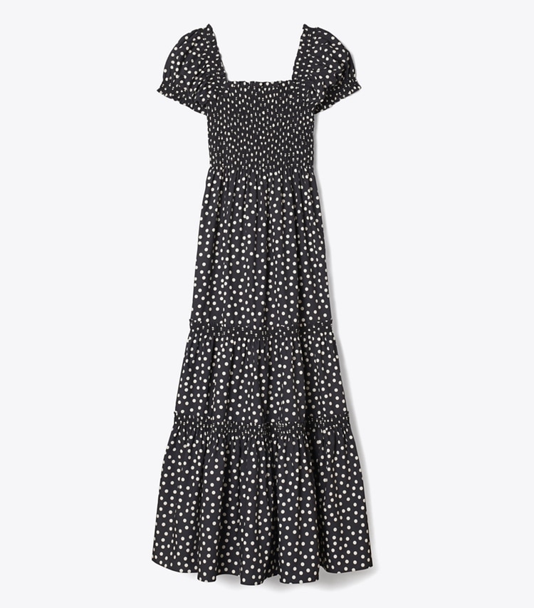 Tory Burch designer kleider Gesmoktes Kleid mit Print in Black Dot front