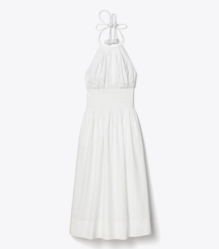 Tory Burch designer kleider Gesmoktes Nackenträgerkleid aus Popeline in White front