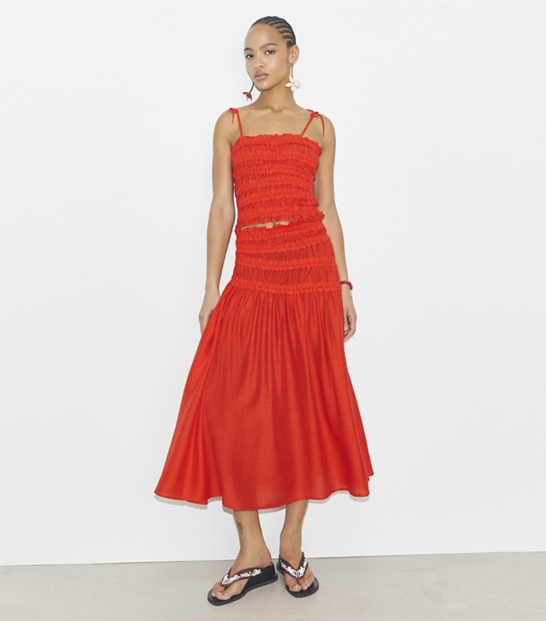 Tory Burch designer strandmode Gesmoktes Top aus Viskose in Deep Poppy front