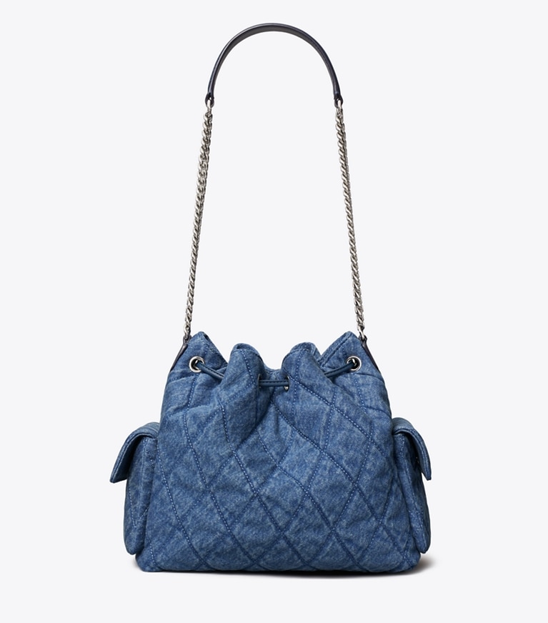 Tory Burch designer schultertaschen Gesteppte Charlie Schultertasche aus Denim mit Tunnelzug in Blue zurück