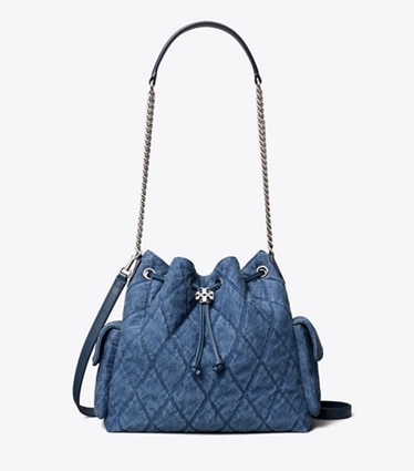 Tory Burch designer schultertaschen Gesteppte Charlie Schultertasche aus Denim mit Tunnelzug in Blue front