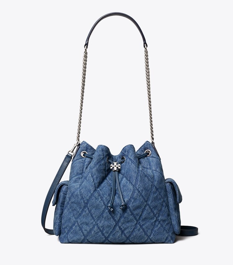 Tory Burch designer schultertaschen Gesteppte Charlie Schultertasche aus Denim mit Tunnelzug in Blue front